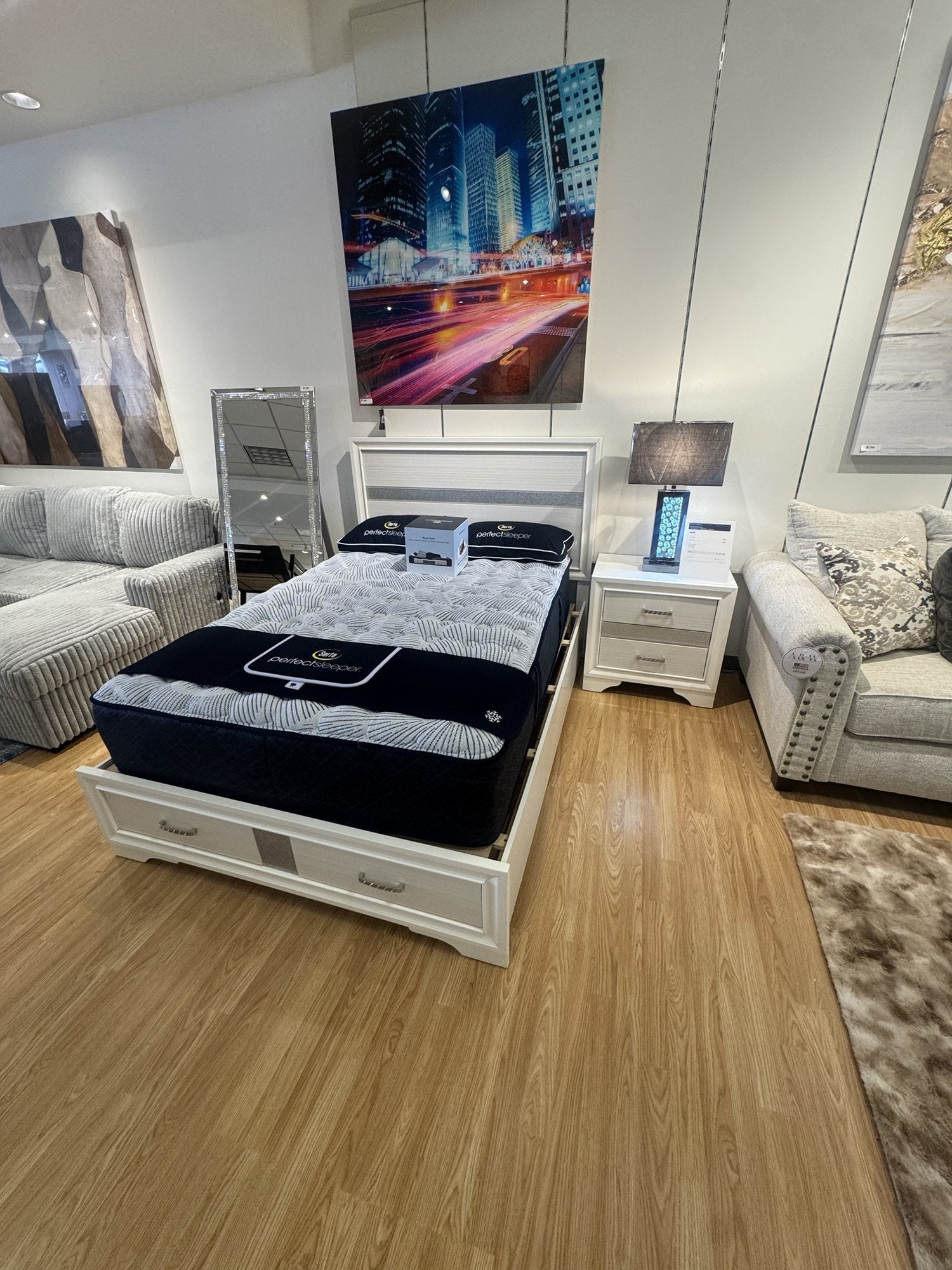 Coaster Miranda white full storage bed and nightstand closeout floor model at Palacio Furniture Arlington